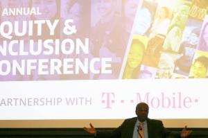 Former King County Executive Ron Sims delivers the keynote address at University of Washington Bothell&rsquo;s Equity and Inclusivity Conference. CATHERINE KRUMMEY/Bothell Reporter