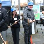 Bothell City Councilmember James McNeal, Deputy Mayor Davina Duerr, Mayor Andy Rheaume and Transportation Improvement Board Engineer Greg Armstrong participate in the groundbreaking ceremony for the Main Street Enhancement Project on March 28. CATHERINE KRUMMEY / Bothell Reporter