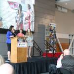 Northshore Schools Foundation Executive Director Carmin Dalziel presents Northshore Junior High School teacher Trudy Swain with the Innovative Educator Award. They are joined on stage by two of Swain&rsquo;s students, Jazmin Valdez and Julia Zahn. CATHERINE KRUMMEY / Bothell Reporter