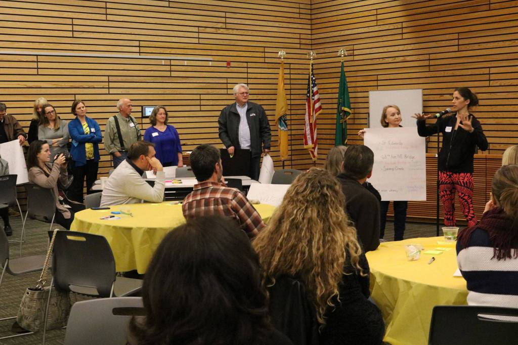 Attendees present ideas for improving the city&rsquo;s psychic centers during a &ldquo;For the Love of Kenmore&rdquo; event at Kenmore City Hall. CATHERINE KRUMMEY / Kenmore Reporter