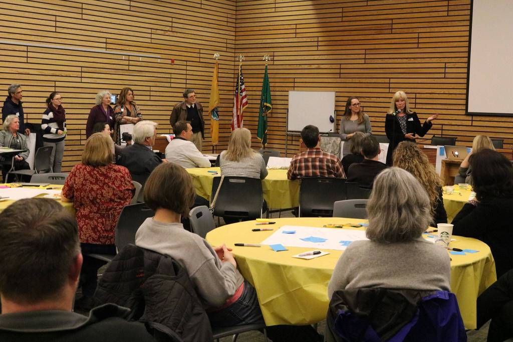 Attendees present ideas for improving the city&rsquo;s psychic centers during a &ldquo;For the Love of Kenmore&rdquo; event at Kenmore City Hall. CATHERINE KRUMMEY / Kenmore Reporter