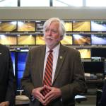 Gov. Jay Inslee, Secretary of Transportation Roger Millar and Bothell Deputy Mayor Davina Duerr answer questions after opening the Interstate 405 northbound peak-use shoulder lane in Bothell to traffic for the first time. CATHERINE KRUMMEY / Bothell Reporter