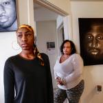 Youngest daughter, Rhonda Faison, 28 (left) and her mom Patricia Faison meet at Patricia&rsquo;s Lynnwood home, March 15 to talk about brother and son, Henry Faison, depicted in photo (top) and painting by Jason Fox (right). (Dan Bates / The Herald)