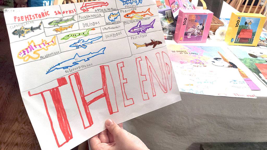 J.T. Fisher has made learning about sharks a personal passion and has dozens of books on the topic. Here he has drawn some types of prehistoric sharks. (Sharon Salyer / The Herald)