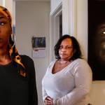 Youngest daughter, Rhonda Faison, 28 (left) and her mom Patricia Faison meet at Patricia&rsquo;s Lynnwood home, March 15 to talk about brother and son, Henry Faison, depicted in photo (top) and painting by Jason Fox (right). (Dan Bates / The Herald)