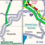 A new shoulder lane helped the evening commute on northbound I-405 through Canyon Park during its first week. Shown is a state map showing traffic conditions through the area at 5 p.m. April 19, and the same area a week later when the shoulder was open to drivers. (WSDOT traffic maps)