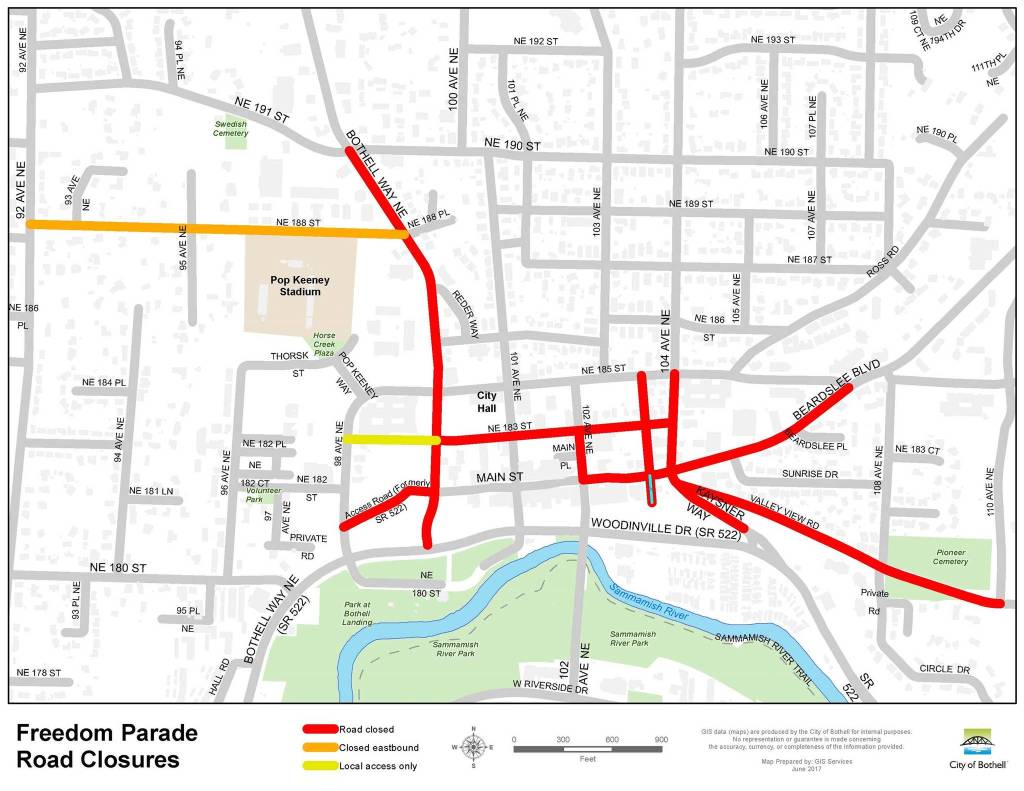 A map shows this year&rsquo;s road closures for the Fourth of July Freedom Festival in Bothell. Submitted art