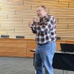 Kenmore Mayor David Baker speaks at a community meeting at Kenmore City Hall about a 24-hour family shelter coming to the city. CATHERINE KRUMMEY / Bothell-Kenmore Reporter