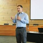 King County Councilmember Rod Dembowski speaks at a community meeting about a 24-hour family shelter coming to a vacant King County Sheriff&rsquo;s Office building in Kenmore. CATHERINE KRUMMEY / Bothell-Kenmore Reporter