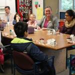 Northshore School District Superintendent Dr. Michelle Reid (center) visits with students and administrators at Crystal Springs Elementary School in Bothell. CATHERINE KRUMMEY, Bothell-Kenmore Reporter