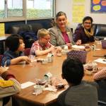 Northshore School District Superintendent Dr. Michelle Reid (center) visits with students and administrators at Crystal Springs Elementary School in Bothell. CATHERINE KRUMMEY, Bothell-Kenmore Reporter