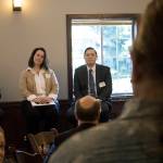 Steve Holmes, owner of WhatsSup Stand-Up Paddle and Surf, stands up to ask Sen. Guy Palumbo (Left), Rep. Shelley Kloba (Center) and Rep. Derek Stanford (Right) about highway tolls during a Greater Bothell Chamber of Commerce luncheon last week.