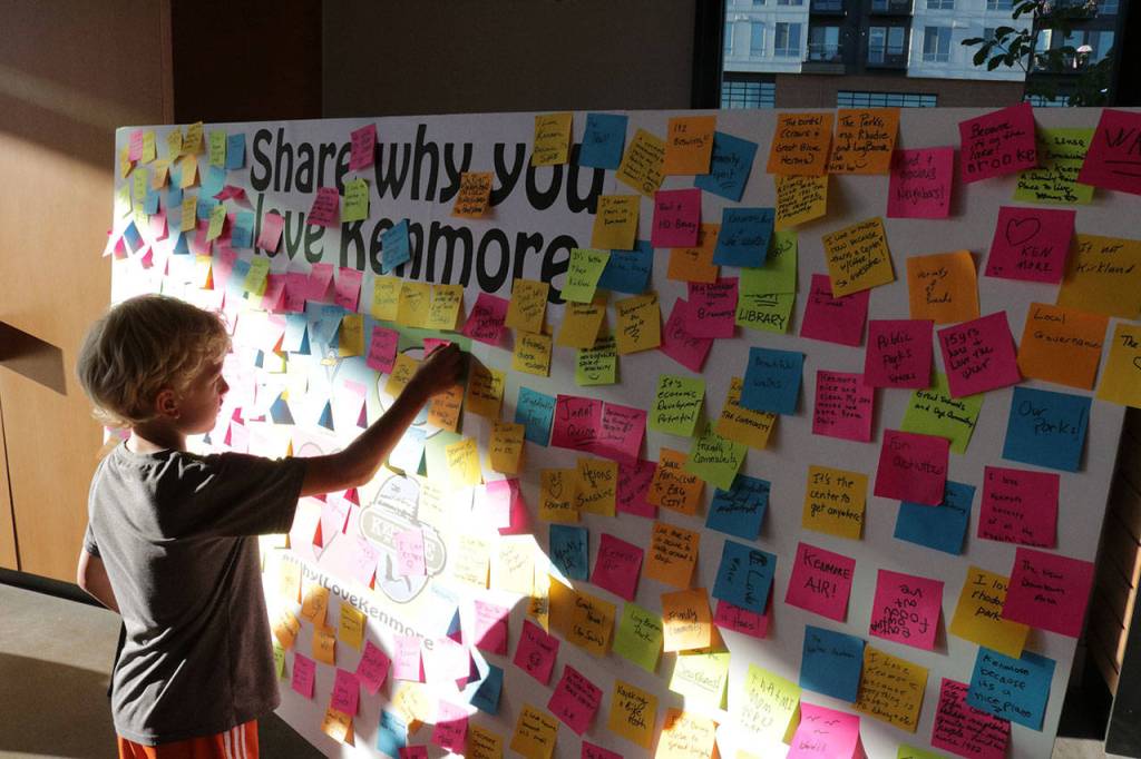 Residents had the opportunity to leave a &ldquo;love note&rdquo; explaining why they love the city of Kenmore during the celebration Saturday. The wall people were posting their notes to was located in the new Hangar building. Megan Campbell, Bothell/Kenmore Reporter