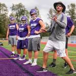Torrey Myers, head coach, instructs during practice Friday afternoon at North Creek High School in Bothell on August 18, 2017. (Kevin Clark / The Herald)