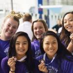 Top, from left, North Creek High coach Samantha Dodson, Alyssa Heusted and Jazlynn Pak; bottom, from left, Baohan Tran and Gabrielle Dang. They are gathered after taking fourth in 200-yard freestyle relay at the 4A state swim and dive meet last Saturday at the King County Aquatic Center in Federal Way. Dang won the 100-yard freestyle and took second in the 50-yard freestyle. Courtesy of Claire Anderson.