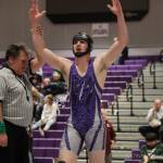 North Creek Jaguars wrestler Matt Kendrick celebrates after defeating Eastlakes Cameron Knutsen 6-2 in the Class 4A KingCo 182-pound championship match on Feb. 3 at North Creek High School. Courtesy of Don Borin, Stop Action Photography