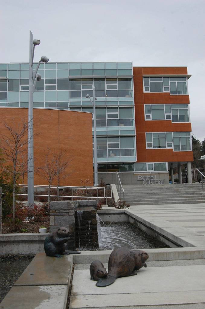 Public art pieces Mother Beaver with Pup and Sitting Beaver greet employees and visitors on their way into Bothell City Hall. Katie Metzger/staff photo                                Public art pieces Mother Beaver with Pup and Sitting Beaver greet employees and visitors on their way into Bothell City Hall. Katie Metzger/staff photo