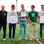 From left to right: Andy Sherry  Les Schwab, Inglemoor High coach Kevin McGibbon, Ryan Klee, Rory Eastland-Fruit, Janick Gold, Peter Lie and Anna Teachman  Washington Dairy ambassador. The Inglemoor coach and his players received the state 4A academic champion award. Photo courtesy of Diane Fruit