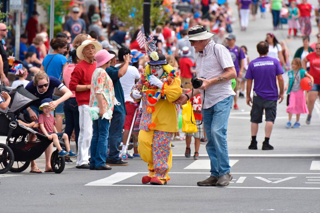 81-year-old Bothell resident Barbara Mendoza Petersen dresses as a clown, Barbo, for Bothells Freedom Festival Parade. She has participated for the past 19 years. Photo courtesy of Greg Nelson