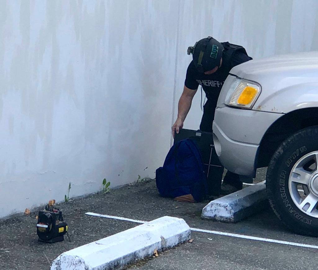 A member of King County Sheriffs Offices bomb disposal unit X-rays a suspicious package. Photo courtesy of Bothell Police Department
