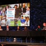 Dr. Michelle Reid leads the NSD student board through an open discussion at the second annual State of Our Schools event. From left: James Johnson (Bothell High School), Audrey Tacey (North Creek High School), Dr. Michelle Reid (superintendent), Cynthia Davis (Woodinville High School), Anisha Chowdhry (Inglemoor High School), Esh Sathiamoorthy (Woodinville High School), TJ Ingersoll (North Creek High School) and Stephanie Clear (Northshore Networks). Madison Miller/staff photo