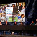 Dr. Michelle Reid leads the NSD student board through an open discussion at the second annual State of Our Schools event. From left: James Johnson (Bothell High School), Audrey Tacey (North Creek High School), Dr. Michelle Reid (superintendent), Cynthia Davis (Woodinville High School), Anisha Chowdhry (Inglemoor High School), Esh Sathiamoorthy (Woodinville High School), TJ Ingersoll (North Creek High School) and Stephanie Clear (Northshore Networks). Madison Miller/staff photo