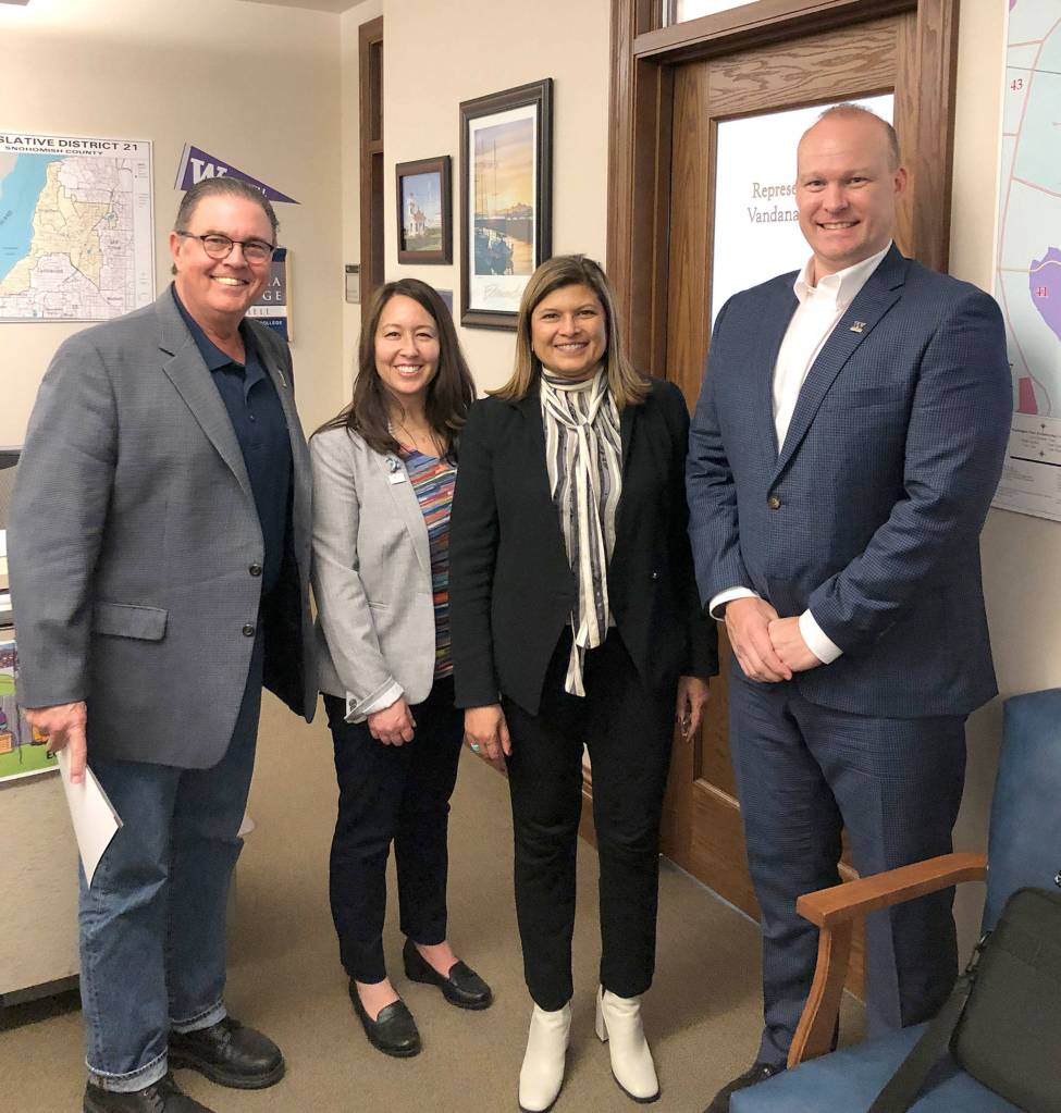 Bothell Deputy Mayor Davina Duerr and Councilmembers Liam Olsen and Tom Agnew meet with Rep. Vandana Slatter in Olympia. Photo courtesy of Barbara Ramey