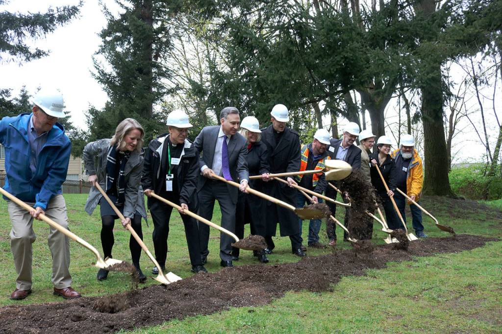 Kailan Manandic/staff photo                                Officials break ground outside Salt House Church for the Eastsides first permanent women and family shelter. Workers hope to complete construction in 2020.