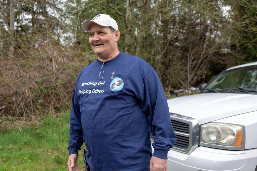 Robert Smiley, founder of the Hand Up Project, which provides transportation, material assistance and aid to the unsheltered in Snohomish County. He was alerted to the alleged removals off Ash Road on April 10. Ashley Hiruko/staff photo