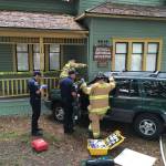 Responders at the Bothell Historical Museum, where a car collided with the structure Thursday morning. Photo courtesy of Bothell Police Department
