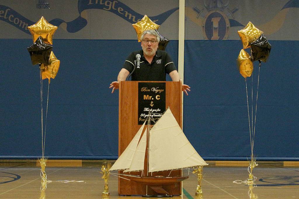 Ted Christensen addresses the audience of over 150 friends, family and former students and staff at his retirement ceremony. Madison Miller / staff photo
