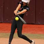 Hannah Shimek connects on a pitch for Southern Oregon University this season. Photo courtesy of Jolyn Hutsell
