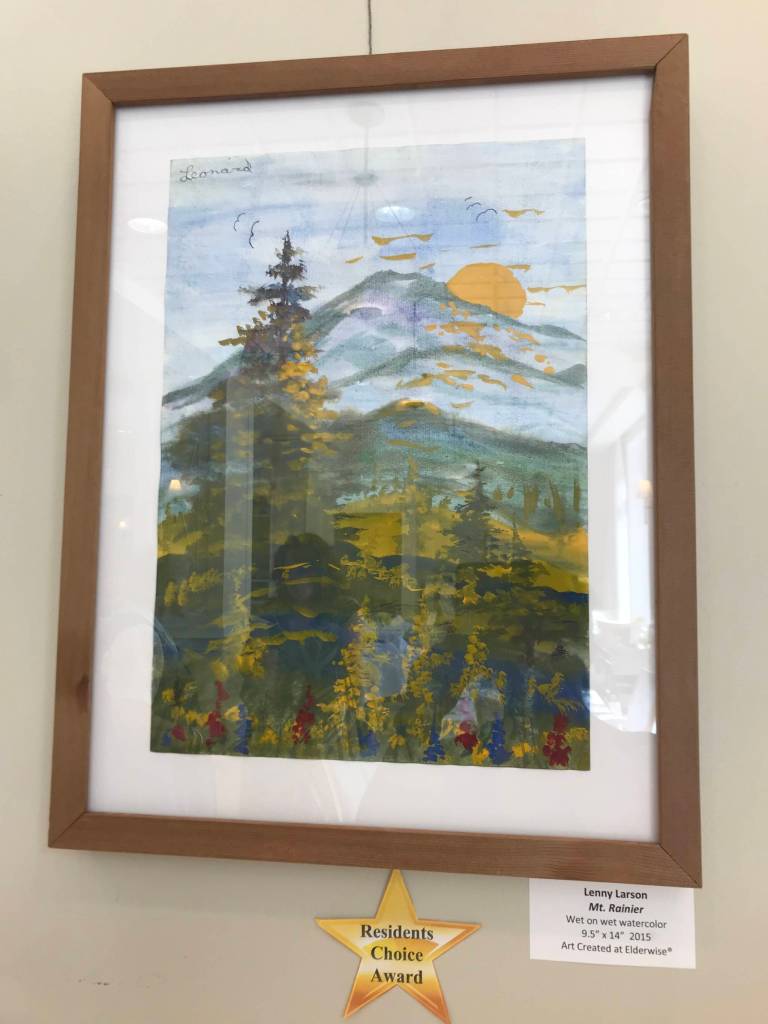 Lenny Larsons painting, Mt. Rainier, received the Residents Choice Award at The Gardens at Town Square, where it is currently on display as part of The Art of Alzheimers.