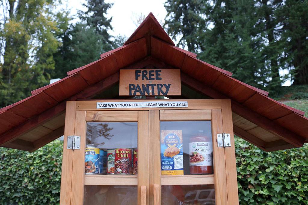 The Little Free Pantry is located at the bottom of the Northlake Lutheran Churchs driveway at 6620 NE 185th St, Kenmore. Stephanie Quiroz/staff photo