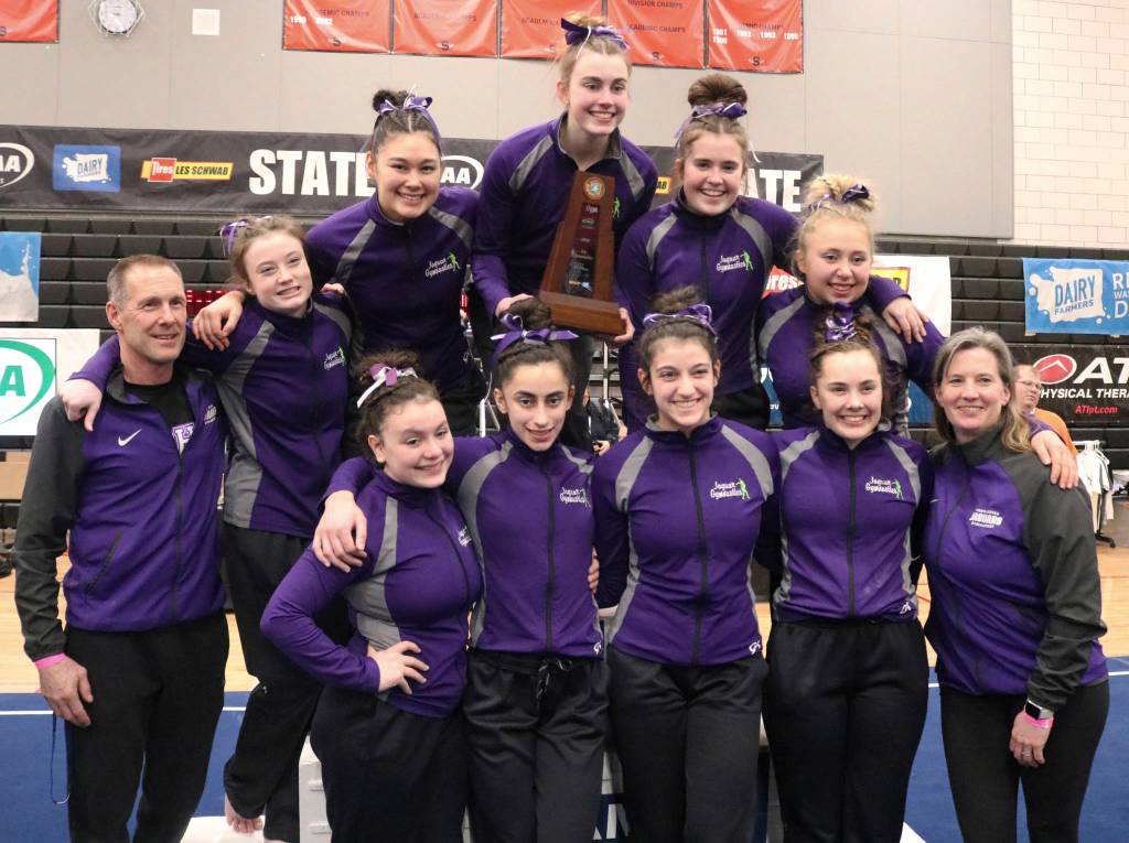 The North Creek gymnastics team finished third in the team competition at the 4A state gymnastics meet on Feb. 21 at Sammamish High School. Benjamin Olson/staff photo