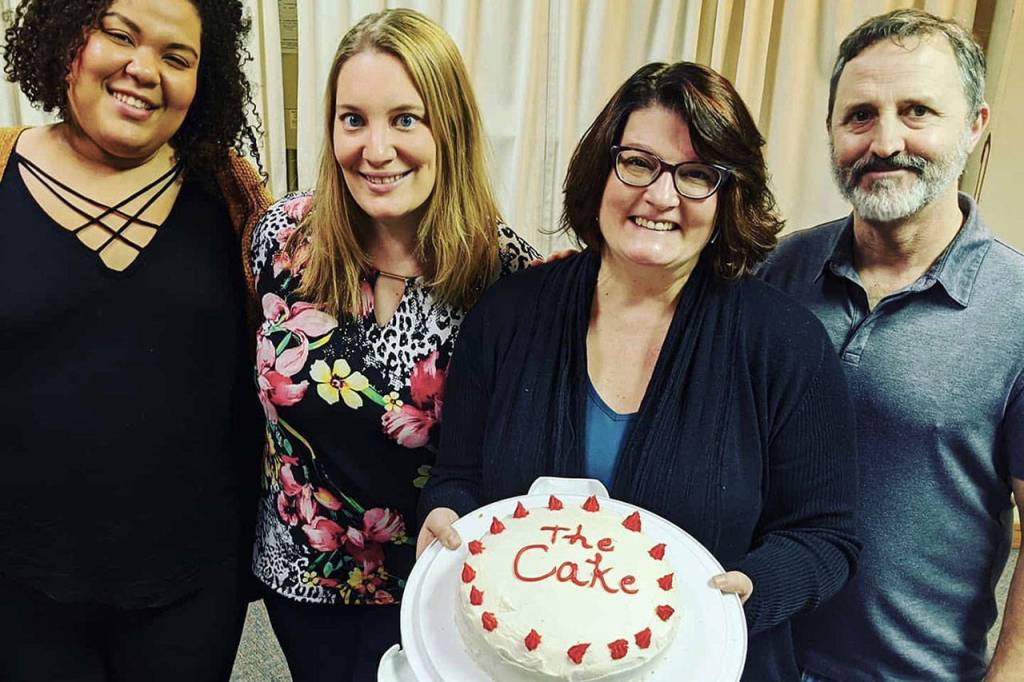 From left to right: The Cake stars Roz Cornejo (Macy), Stephanie Spohrer (Jen), Amy Gentry (Della) and Jack Lush (Tim). Photo courtesy As If Theatre.