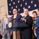 Vice President Mike Pence addresses the coronavirus outbreak situation in Washington after meeting with Governor Jay Inslee and public health officials at Camp Murray. Photo by Cameron Sheppard/WNPA News Bureau