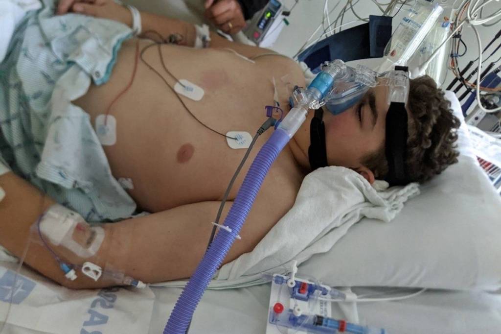 Anthony Lawson, 13, in the hospital while he fought pediatric multisystem inflammatory syndrome (PMIS). Photo courtesy of Theresa Lawson.