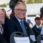 Governor Jay Inslee smiles and laughs Sept. 3, 2019, during a speech at the Lynnwood Link Extension groundbreaking in Lynnwood. A Thurston County judge ruled he exceeded his authority when he vetoed single sentences in the state transportation budget in 2019. (Olivia Vanni / Herald file)