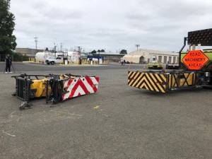 This photo from WSDOTs Twitter feed on June 30 shows a new attenuator and an attenuator that was damaged in a recent work zone crash.