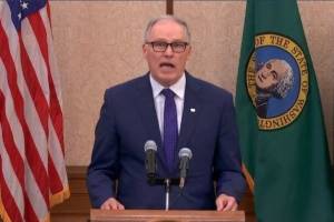 Screenshot of Gov. Jay Inslees news conference from Feb. 17, 2022.