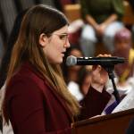 Mercer Island High School (MIHS) student representative to the Mercer Island School District Board Lucy Dorer speaks on Jan. 7 at the regional education funding town hall at Newport High School in Bellevue. Also speaking and advocating on behalf of students, staff and community were MIHS student representative to the board Brody Newcomer and other MIHS students Wyatt Burkey, Marin Frank and Samantha Runge. Andy Nystrom/ staff photo.