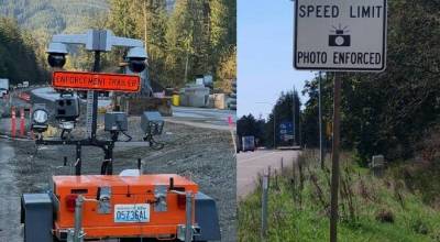 Left: A work zone speed camera. Right: A traffic sign identifying a photo-enforced speed zone. Photo courtesy WSDOT
